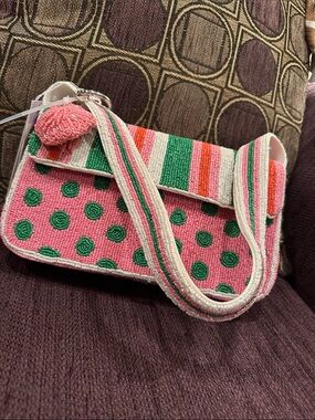Viral Beaded Shoulder Bag - Pink, Green & White w/charm NWT